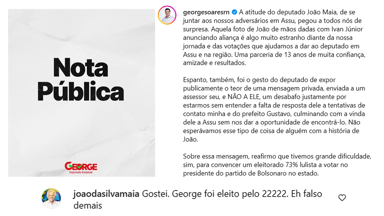 Rompidos em Assú, George Soares critica João Maia e é chamado de 'falso' pelo deputado federal