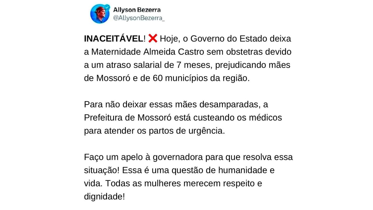 Allyson critica Fátima por greve de obstetras e anuncia medidas para manter partos de urgência