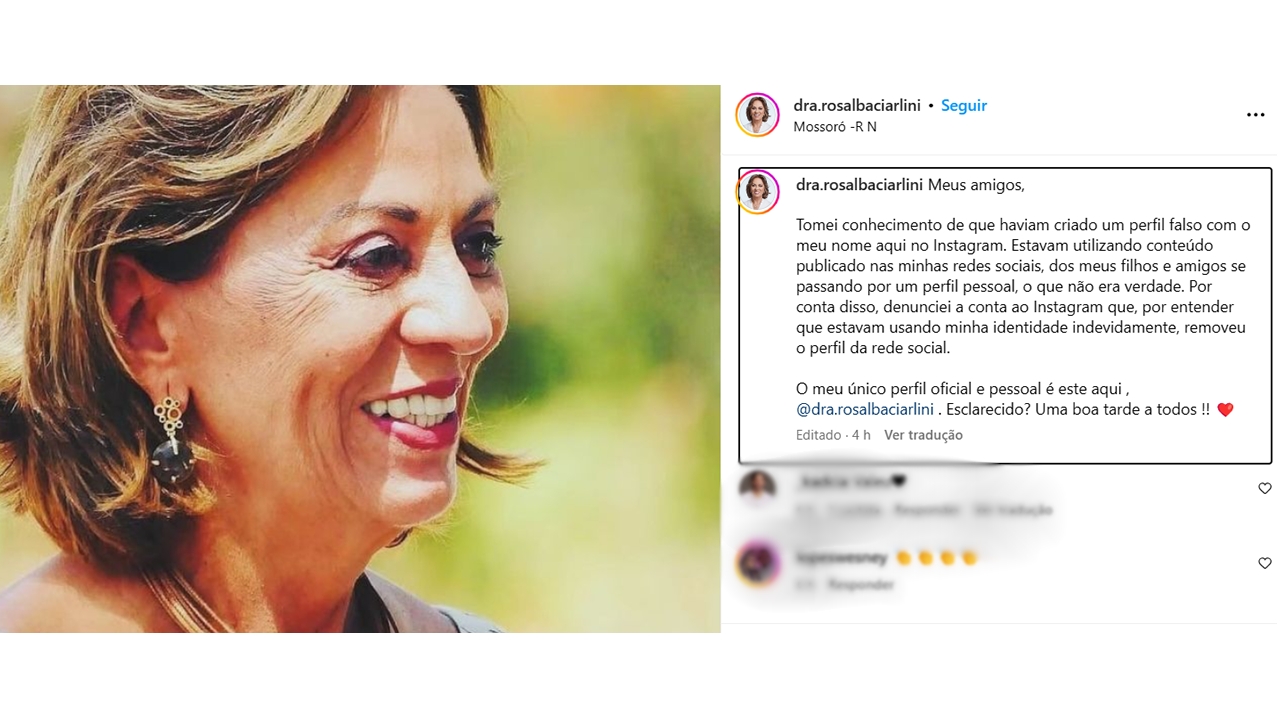 Rosalba Ciarlini denuncia perfil falso no Instagram que divulgava rumores sobre pré-candidatura