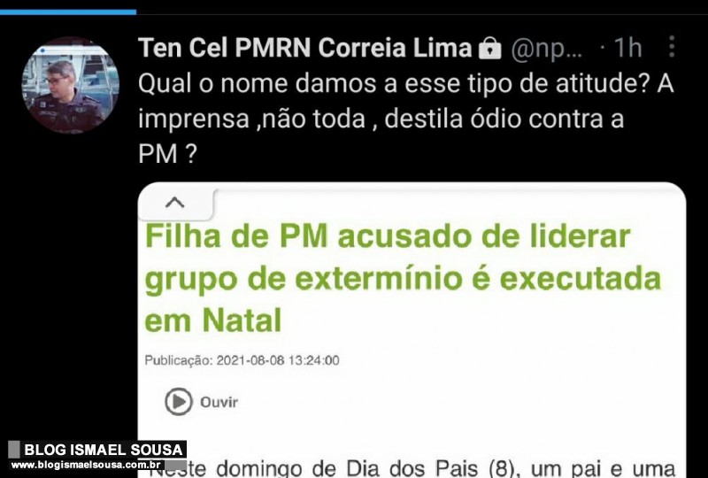 Tenente Coronel critica manchete da Tribuna do Norte sobre atentado contra filha de PM em Natal