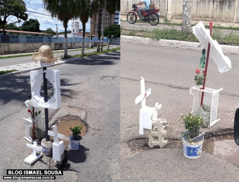 Protesto macabro: buraco em avenida Ã© satirizado como tÃºmulo em MossorÃ³
