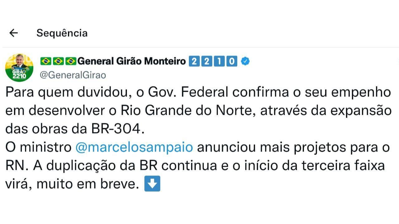 General Girão anuncia mais obras do Governo Federal para a BR-304