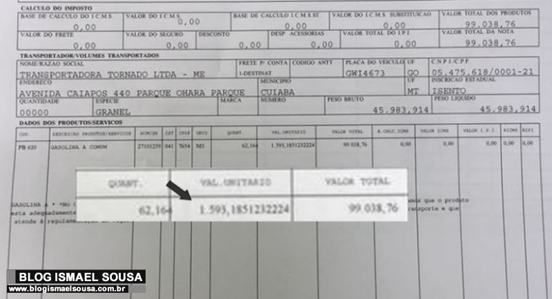 Nota fiscal emitida pela Petrobras mostra que gasolina Ã© vendida a R$ 1,59 para a BolÃ­via