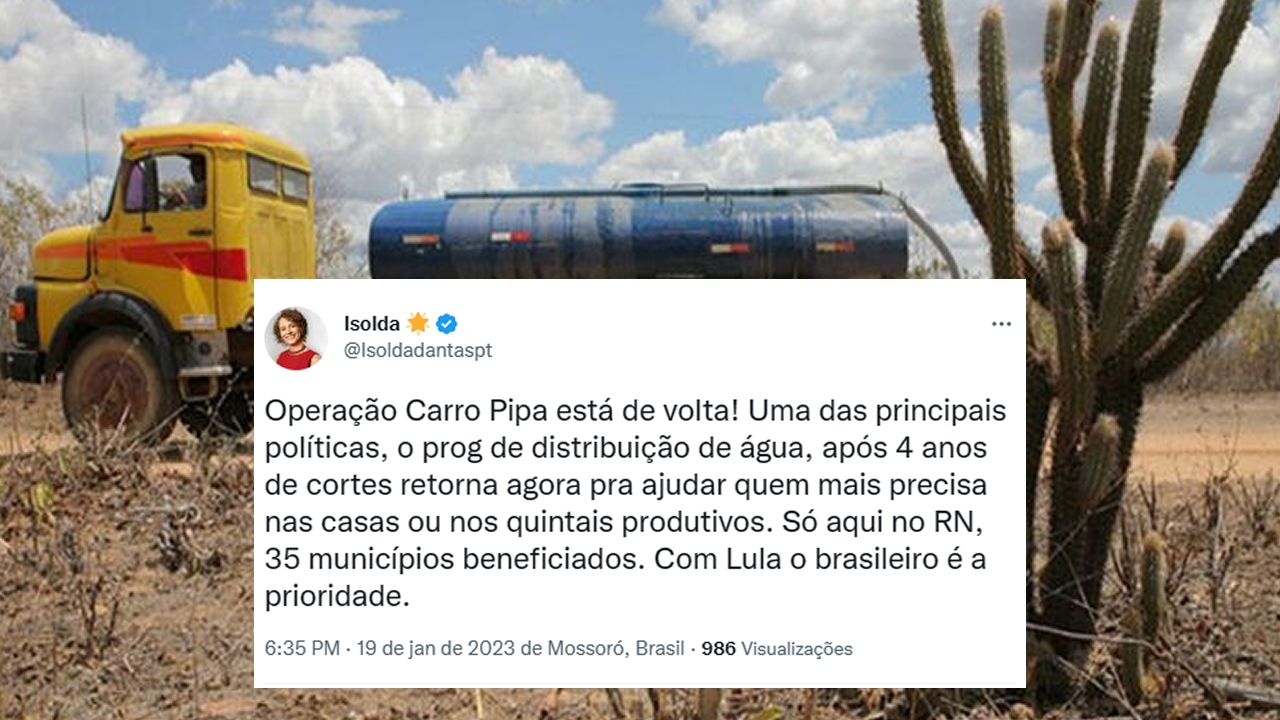 Retrocesso: Isolda comemora retorno dos carro-pipa que alimenta a 'ind&uacute;stria da seca' no RN