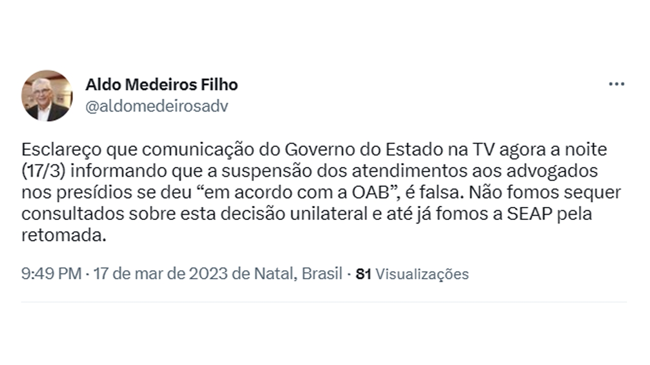 Presidente da OAB/RN desmente governo Fátima