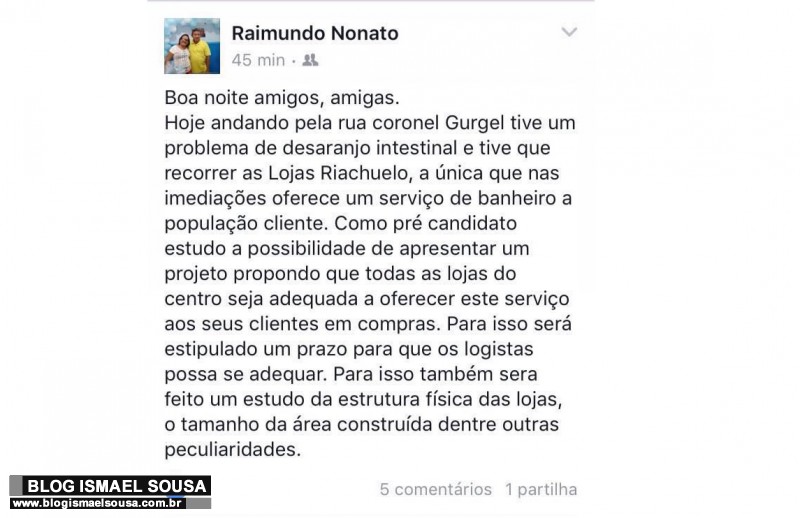 ApÃ³s desconforto intestinal, prÃ©-candidato propÃµe lei para instalaÃ§Ã£o de banheiros em lojas do Centro