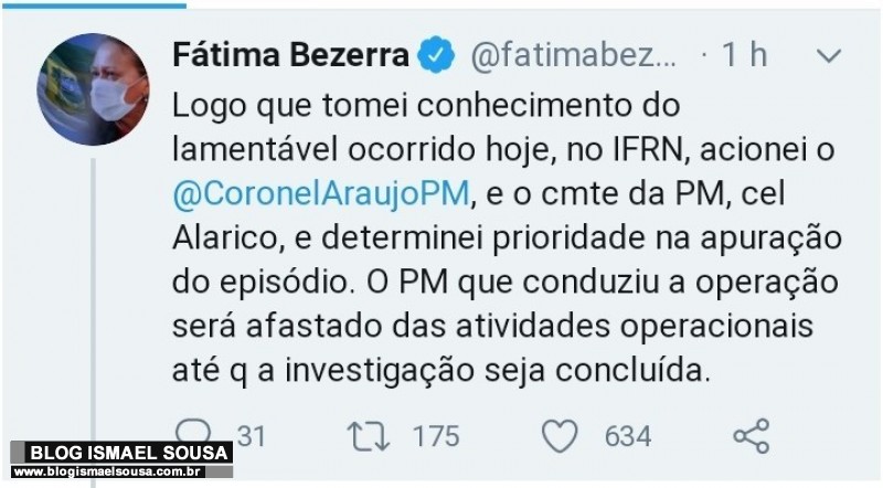 FÃ¡tima afasta PM que comandou aÃ§Ã£o contra manifestantes no IFRN