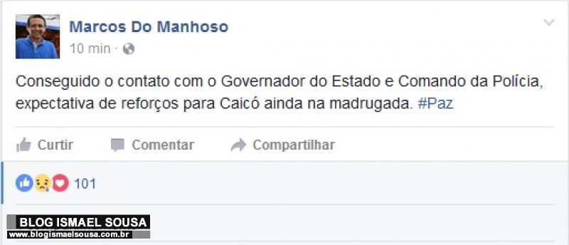 Vice-prefeito solicita reforÃ§o ao Governador e policiais devem chegar a CaicÃ³ na madrugada