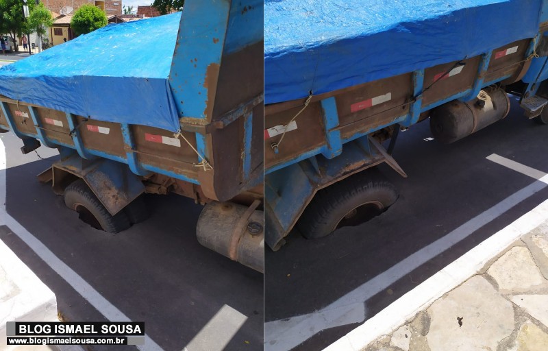 CaminhÃ£o cai em buraco apÃ³s asfalto recÃ©m inaugurado ceder