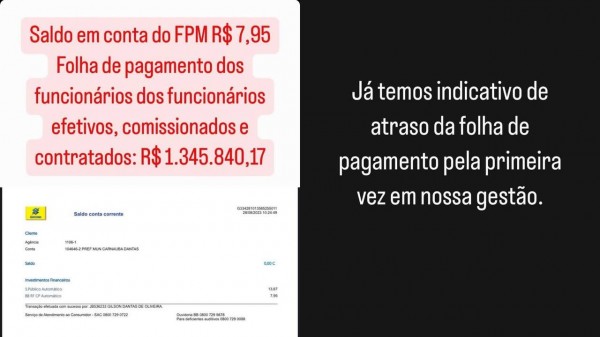 Prefeito de município do RN mostra saldo do FPM na conta da prefeitura: R$ 7,95