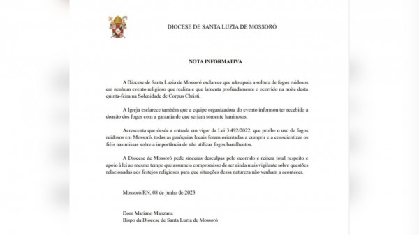 Diocese de Mossoró pede desculpas por queima de fogos em procissão de Corpus Christi