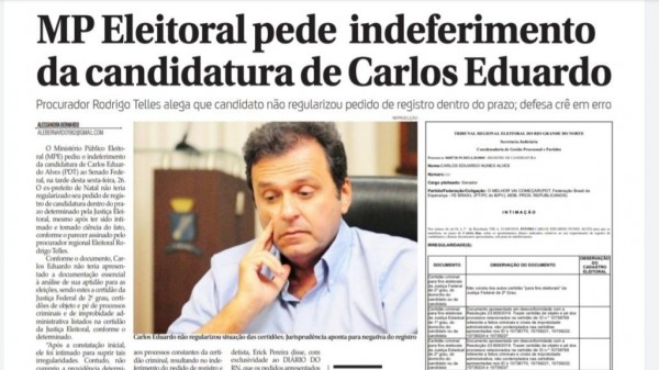 Complicou de vez: MP Eleitoral pede indeferimento da candidatura de Carlos Eduardo Alves