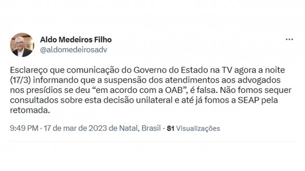 Presidente da OAB/RN desmente governo Fátima