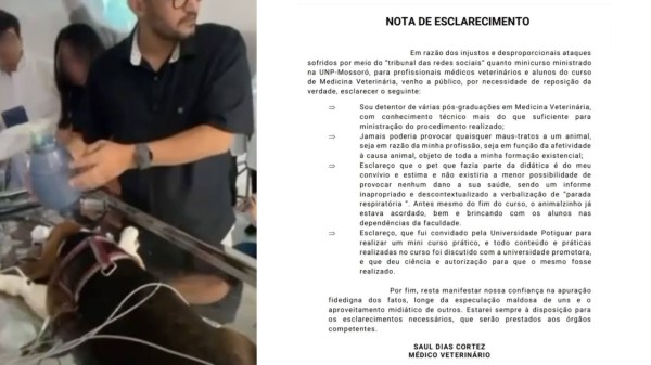 Procedimento em cão tinha ciência e autorização da UnP, afirma veterinário em nota