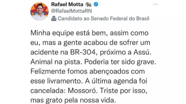 Rafael Motta sofre acidente na BR-304 e cancela agenda em Mossoró