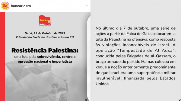 Em editorial, Sindicato dos Bancários do RN trata ataque terrorista do Hamas como “Resistência Palestina”